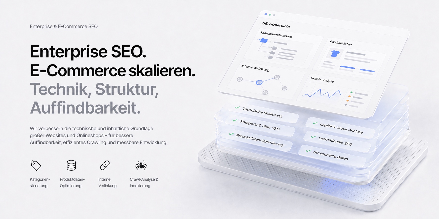 Illustration einer E-Commerce-SEO-Übersicht für Kategorien, Produktdaten, interne Verlinkung und Crawling