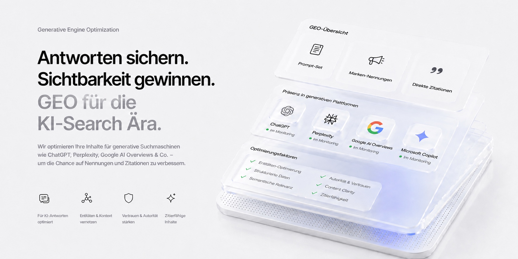 Illustration einer GEO-Übersicht mit Prompt-Set, Marken-Nennungen und direkten Zitationen