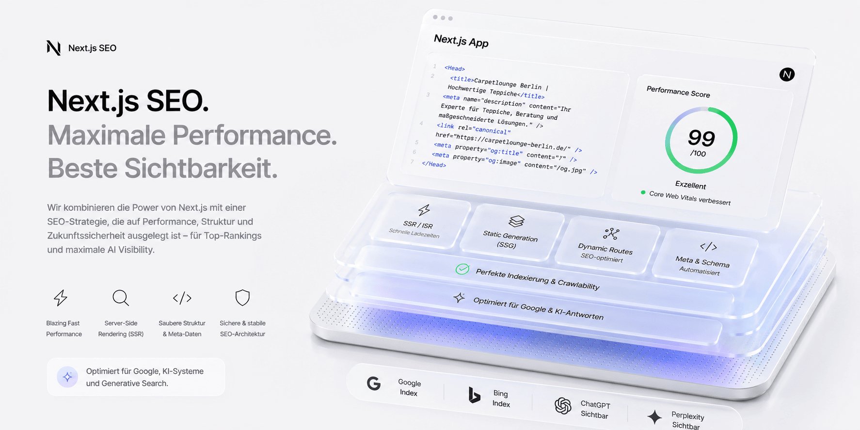 Next.js SEO Dashboard: App-Router-Metadata, SSR/ISR, Static Generation und PageSpeed-Score 99/100