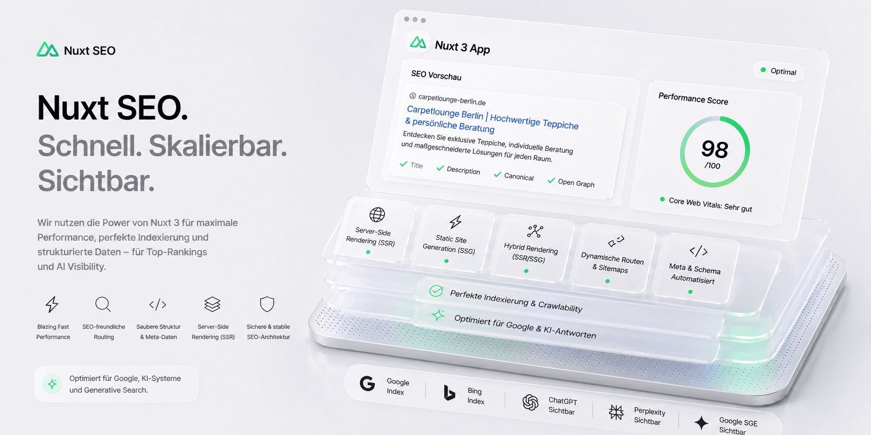 Nuxt 3 SEO Dashboard: SSR/SSG-Rendering, Meta-Vorschau mit Title/Description/Canonical/Open-Graph und PageSpeed-Score 98/100