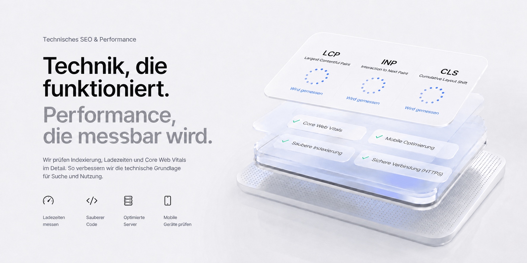Illustration einer technischen SEO-Prüfung von LCP, INP und CLS