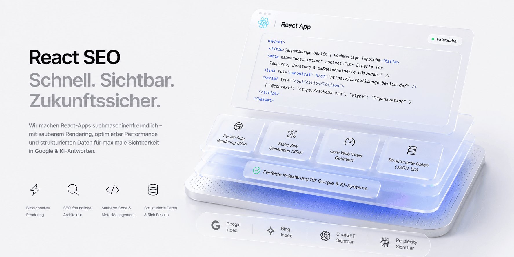 React SEO Dashboard: React Helmet Meta-Tags, Server-Side Rendering, Static Site Generation und strukturierte Daten für Google- und KI-Indexierung